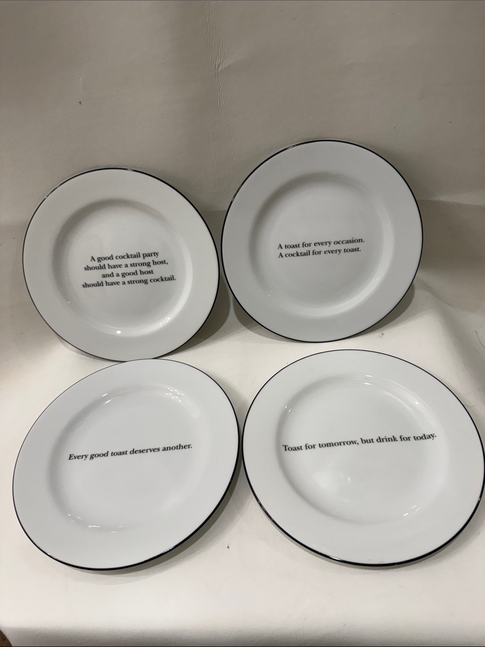 Pottery Barn White Porcelain Salad Dessert Saucers Plates Black Rim Toast Quotes